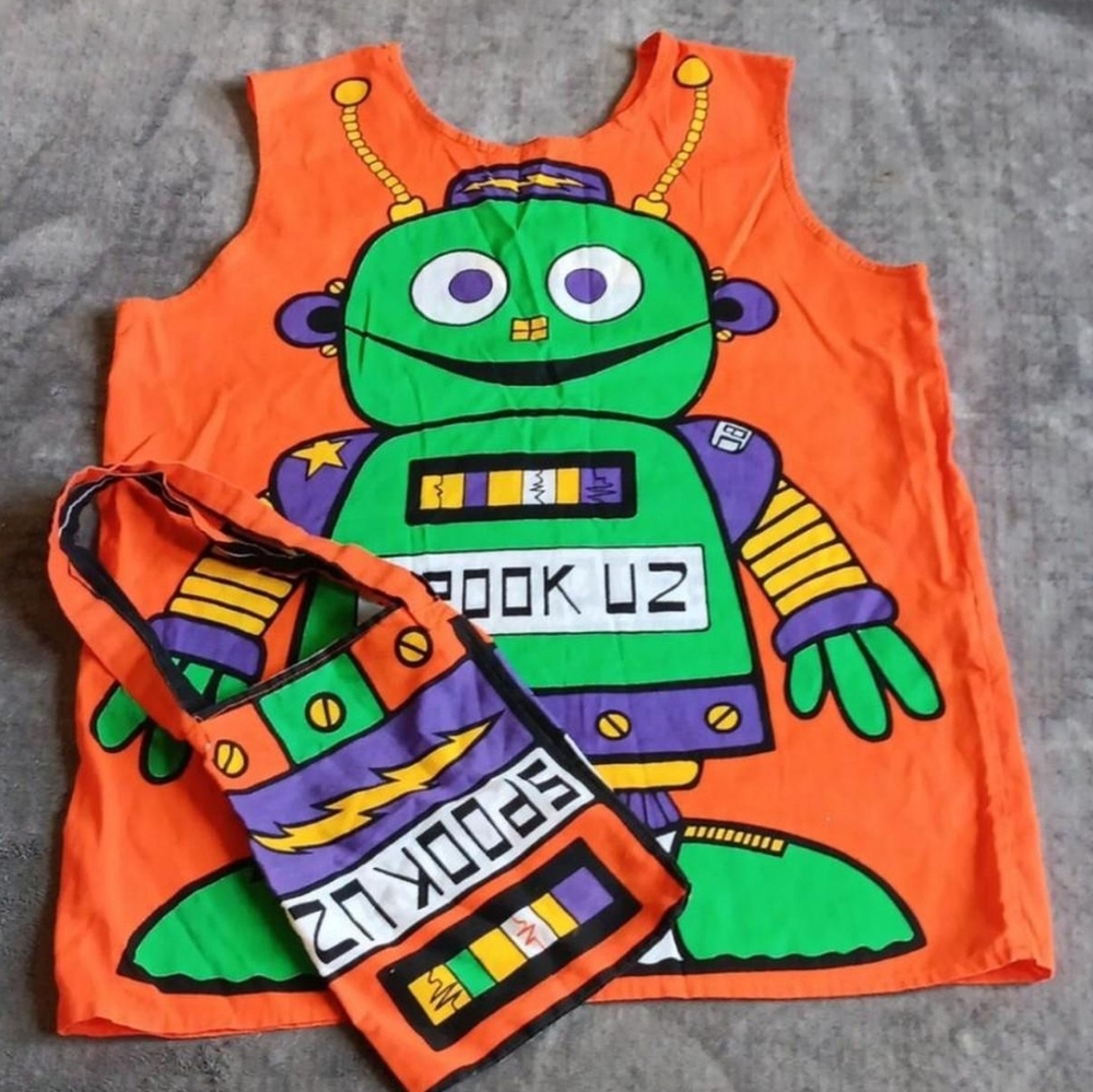 Cute 70s 80s Vintage Orange Robot Kids Halloween Costume With Treat Sack Spookuz - Picture 9 of 9